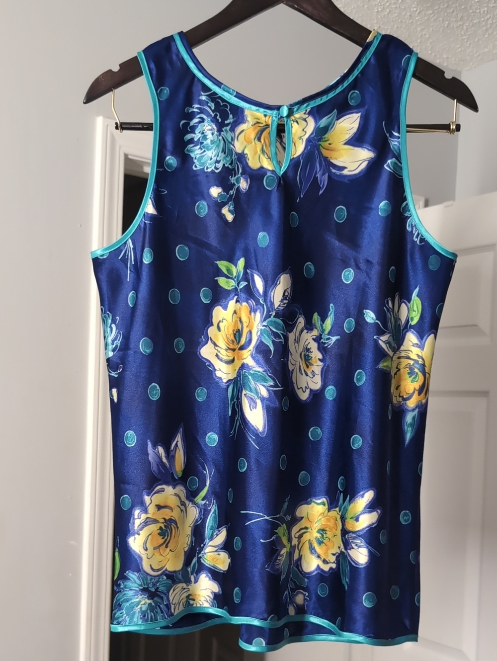 Navy Satin Floral Sleeveless Shell with Yellow Blooms